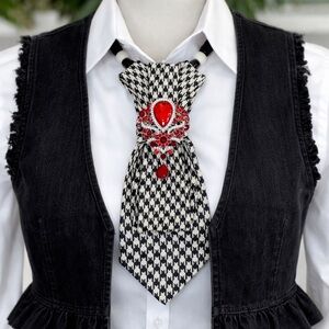 OOAK Black & White Tie Necklace with Brilliant Red Stone Brooch & Beaded Chain